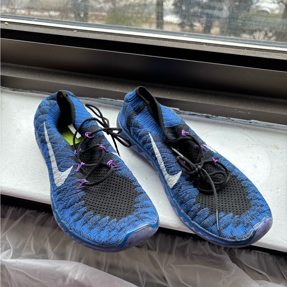 Nike Womens Size 7 Free 3.0 Flyknit 636231-014 Blue Black Running Shoe Sneaker